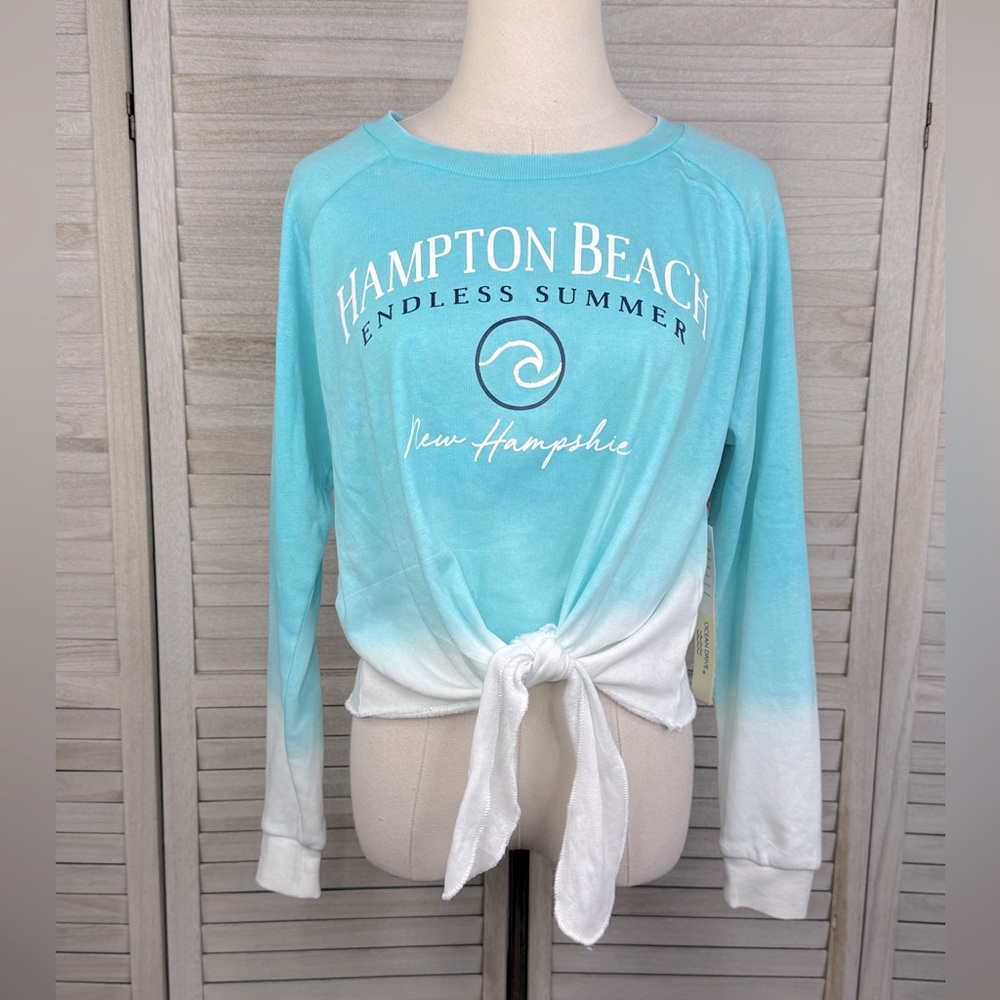 OCEAN DRIVE Cropped Lightweight Hampton Beach Sweatshirt Tie Front Blue/White-M